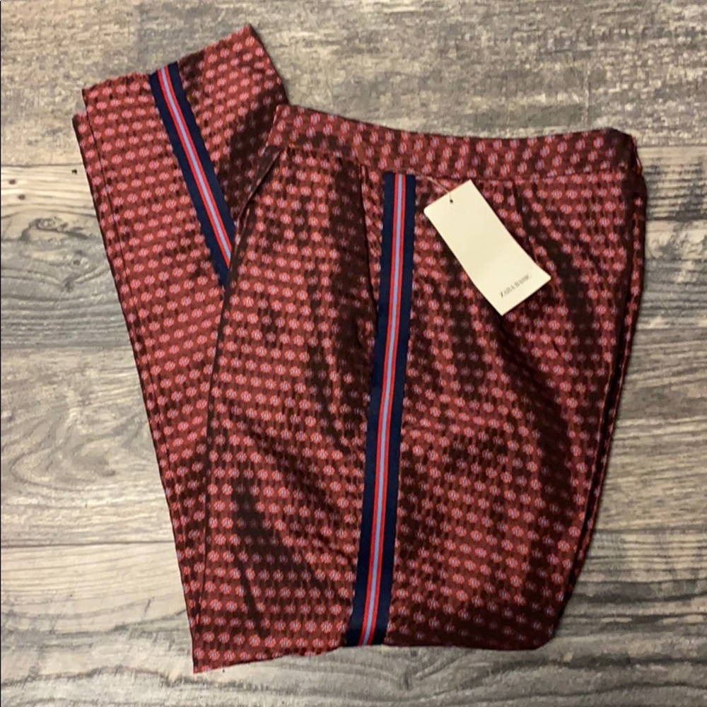 Zara Red Patterned Straight-Leg Pants with Navy Stripe